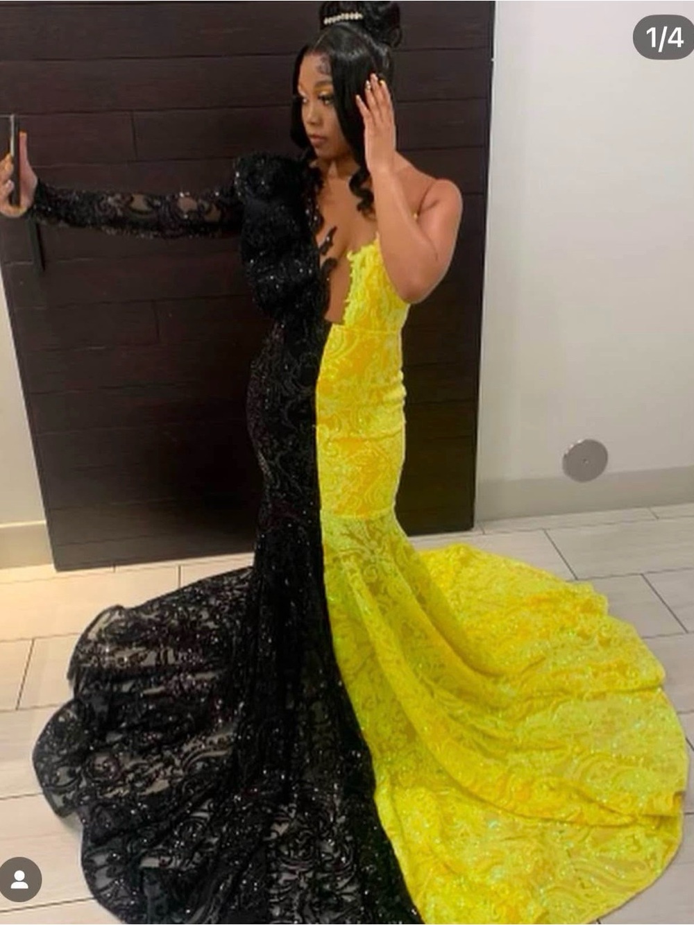 Two-Tone Black and Yellow Lace Mermaid Prom Dress